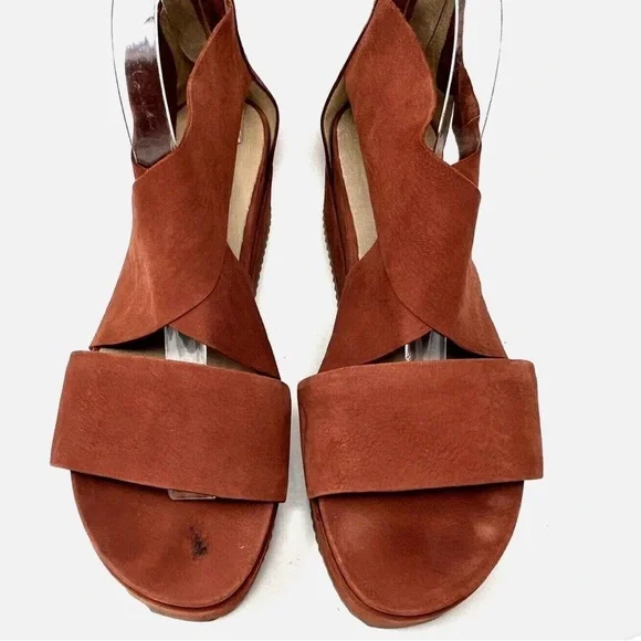 Eileen Fisher Brown Crisscross Nubuck Leather  Wedge Sandals - Picture 15 of 16